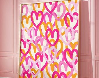 Colorful Graffiti hearts wall art, Pink orange print, Bright wall art, Abstract hearts art,  Preppy wall art, College room decor, Dorm decor