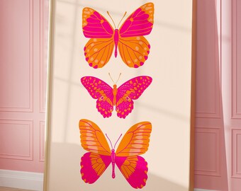 Pink orange butterfly print, Funky art print, Preppy esthetic room decor, Girly print, Trendy poster, Cute apartment decor, Colorful print
