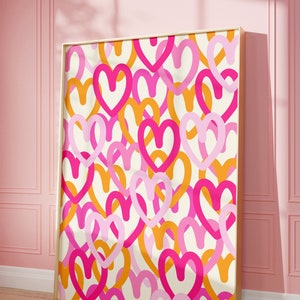 Arte murale con cuori graffiti colorati, stampa rosa-arancio, arte murale luminosa, arte astratta con cuori, arte murale preppy, arredamento per camere universitarie, arredamento per dormitori