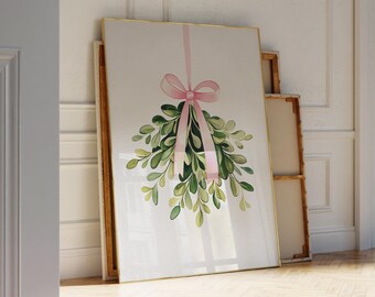 Mistletoe christmas print, Pink christmas print, Coquette Christmas Aesthetic, Cute Holiday Decor, Pink bow christmas wall art, Wreath art