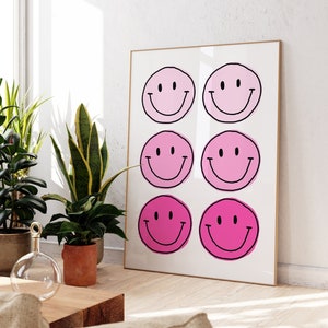 Póster rosa de cara sonriente de Ombre (descarga digital), Impresión digital, Arte de pared Preppy, Impresión de póster Preppy, Obra de arte minimalista, Arte de pared universitario