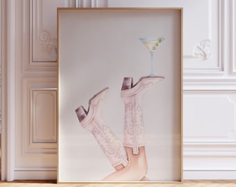 Martini cowgirl printable art, coastal cowgirl aesthetic poster, Coquette poster, western pink nursery print, Pink cowboy boots, Alcohol art
