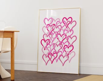 Abstract hearts art in pink (digital download), Preppy art, Y2K Aesthetic, Blue hearts poster, Trendy poster,Aesthetic Art, College decor