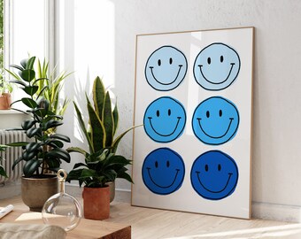 Ombre smiley face blue poster (digital download), Digital print, Preppy wall art,  Preppy poster print, Minimalist artwork, Modern poster