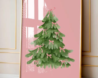 Coquette Christmas Tree Pink Bow Winter Painting Stampa artistica / Pine Tree Forest Pink Coquette Bow Christmas Stampabile Arte