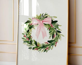 Coquette Christmas Wreath Wall Art, Pink christmas print, Coquette Christmas Aesthetic, Cute Holiday Decor, Pink bow christmas art