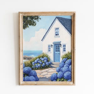 Coastal Beach House print, Vintage Oil Painting, Blue Hydrangea wall art, Coastal granddaughter print beachy wall art, Coastal cowgirl print