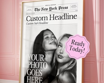 Stampa di giornali personalizzata, poster di carta da giornale personalizzato, arte murale delle notizie di New York, stampabile per dormitori universitari, regalo per il migliore amico