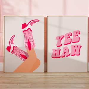 Cowgirl boots set of 2, howdy rodeo poster, trendy college dorm decor, last rodeo bachelorette decor, pink western poster, preppy room decor