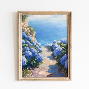 Cliffside blue hydrangea garden print, Nantucket Coastal Art, Vintage Oil Painting, Coastal granddaughter print Coastal cowgirl print