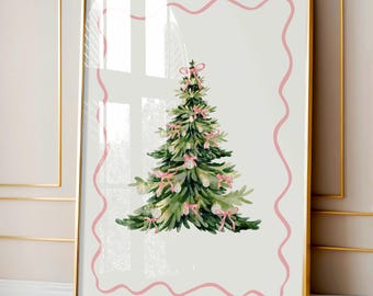 Pink Bow Christmas Tree Print, Grandmillennial Holiday Decor, Pink Coquette Christmas Home Decor, Girly Christmas, Preppy Christmas Print