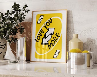 Love You More Print, Yellow Retro Wall Art Printable, Playing Card Wall Art, dopamine decor, Bright Trendy Wall Art, Colorful poster
