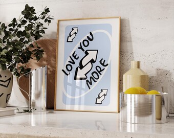 Stampa Love You More, stampabile arte murale retrò azzurra, arte murale con carte da gioco, decorazione murale preppy per San Valentino, arte murale alla moda
