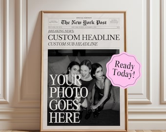 Stampa di giornali personalizzata, poster di carta da giornale personalizzato, arte murale delle notizie di New York, stampabile per dormitori universitari, regalo per il migliore amico