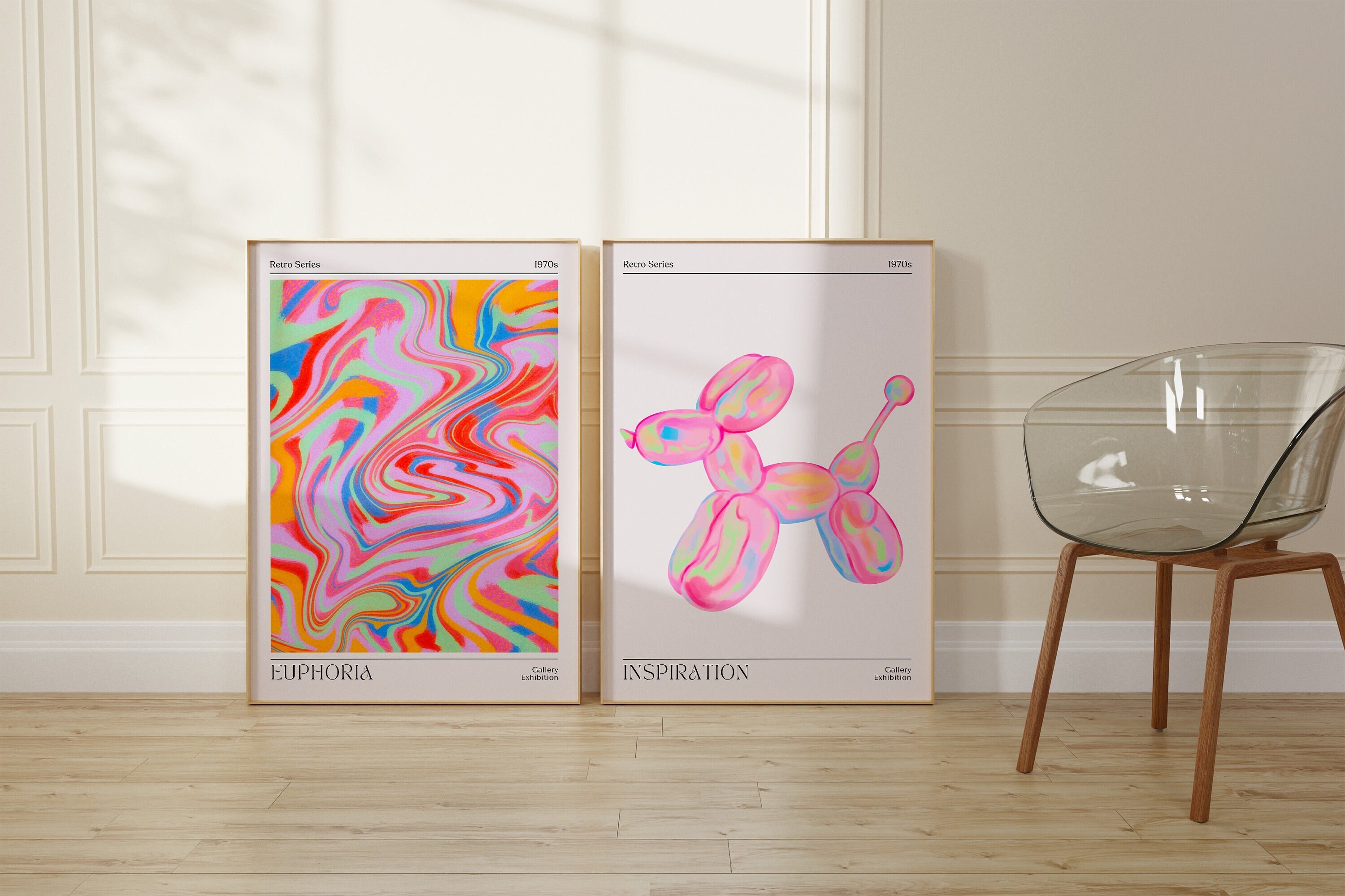 Retro euphoria set of 2, Trendy holographic set, Abstract colorful gradient poster, Dog Balloon Poster, Fun Playful Pink Illustration Art