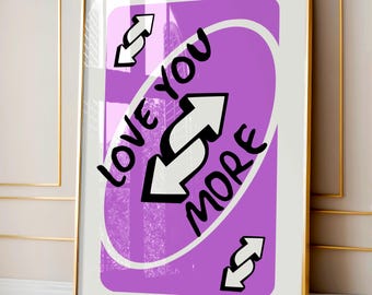 Stampa Love You More, stampabile arte murale retrò viola, arte murale con carte da gioco, decorazione dopamina, arte murale alla moda e luminosa, poster colorato