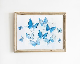 Lichtblauwe vlindermuurkunst, blauwe kust digitale print, schilderij meisjeskamer, kinderkamer schilderij, coquette esthetiek, preppy trendy slaapkamer muurkunst
