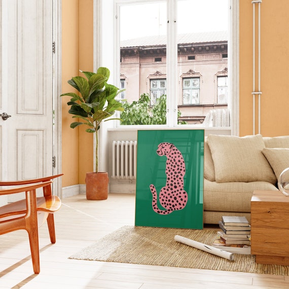 Pink and green cheetah art print (digital download), Digital print, Preppy wall art, Leopard Illustration graphic poster, Boho wall art