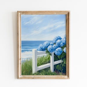 Hydrangea by the seaside print, Nantucket Art, Vintage Oil Painting, Coastal granddaughter print, beach cottage print, Coastal cowgirl print