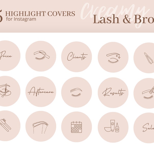 35 Lash & Brow Highlight Icons In Creamy, DIY Instagram story covers, Beauty Salon Icons, Beige Lashes and Brows IG highlights