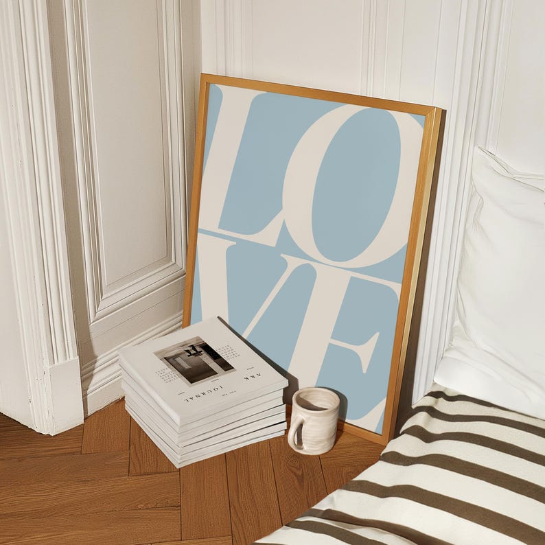 Light Blue Love Poster, 70s Wall Print, Preppy Poster, Retro Print