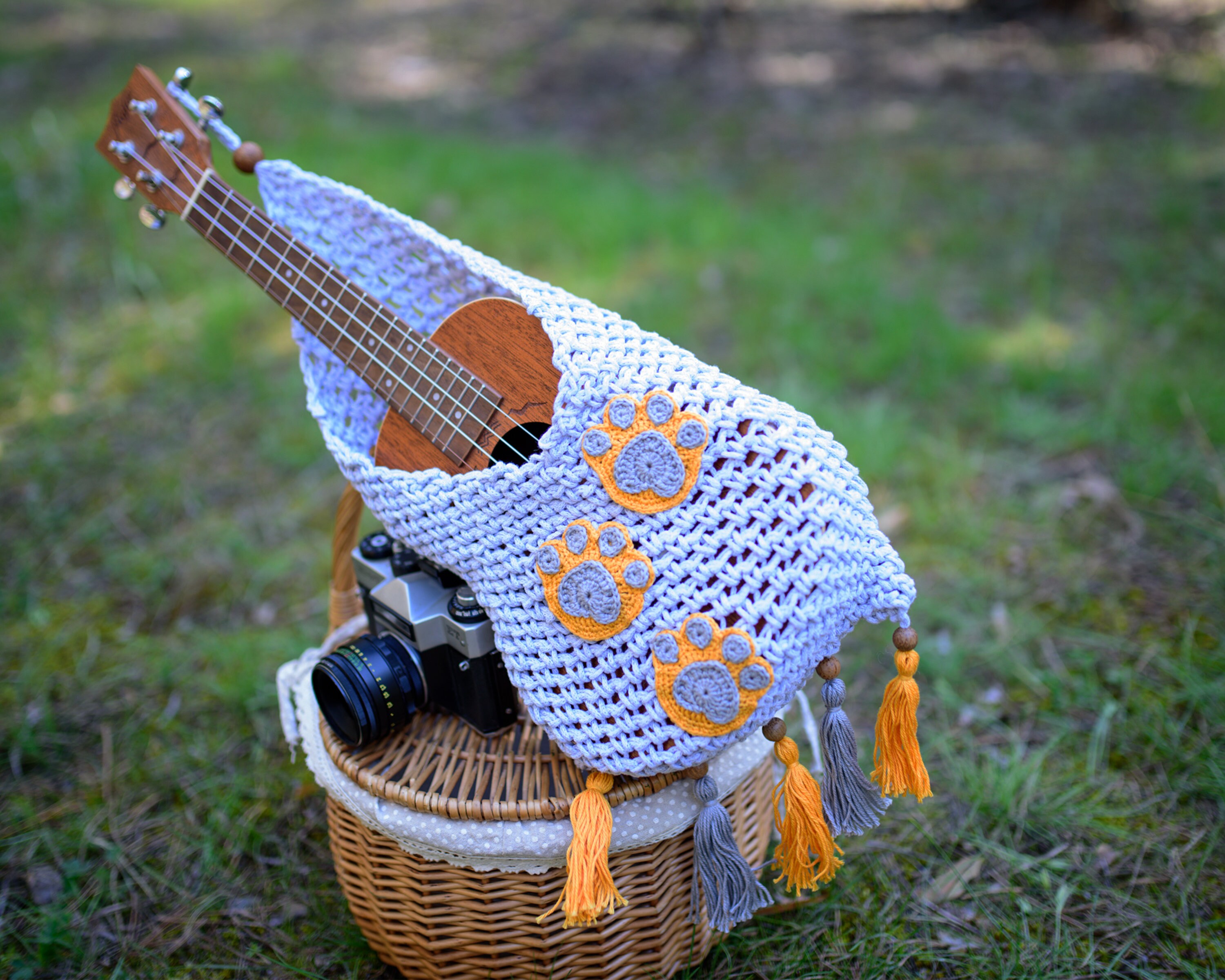 Crochet wall hanger for ukulele with cute decor Etsy
