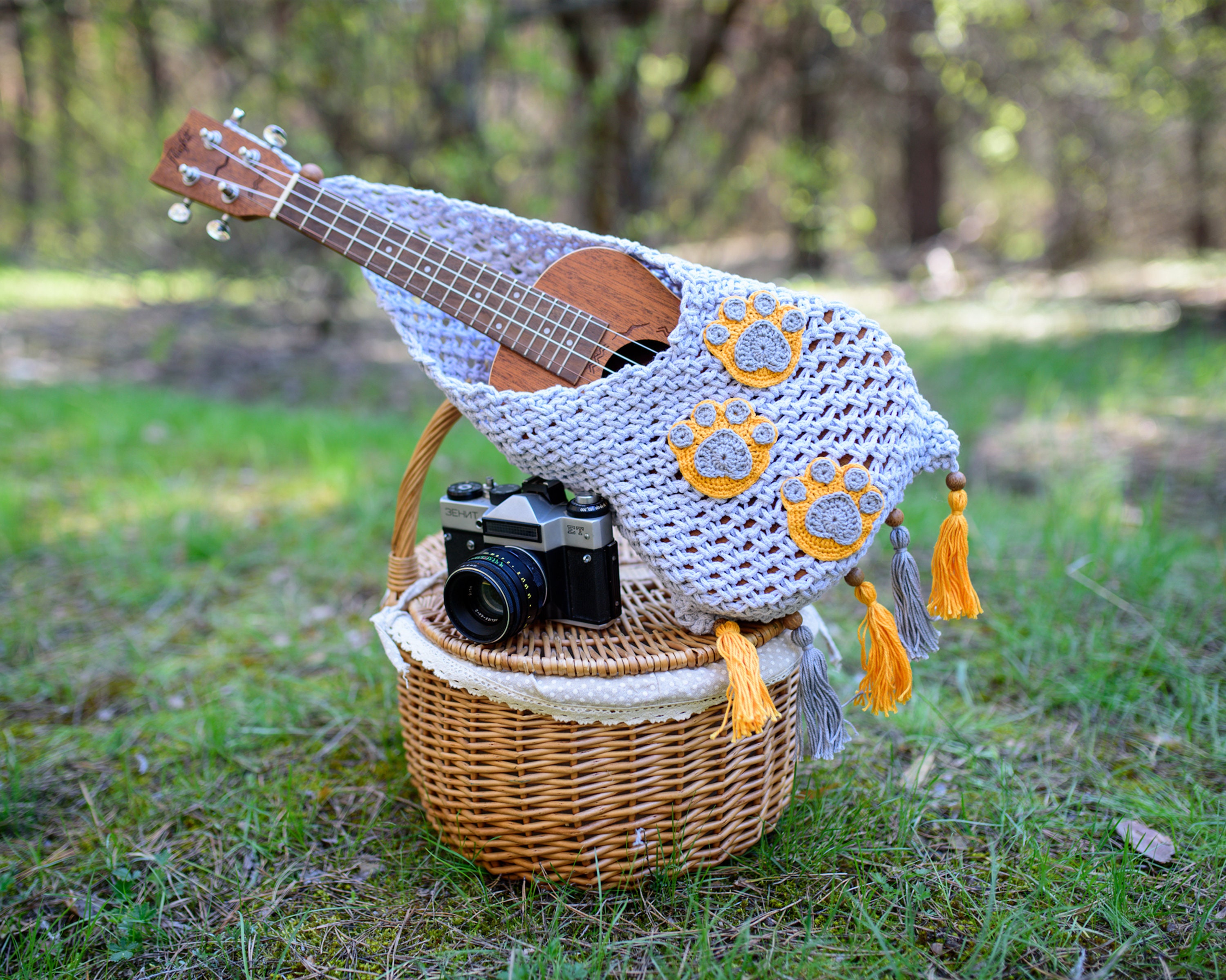 Crochet wall hanger for ukulele with cute decor Etsy