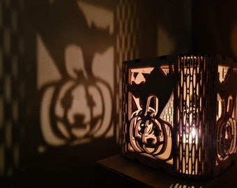 Halloween Candle Lantern - Spooky Cat & Pumpkin Themed Candle Holder - Handmade Tea Light Holder