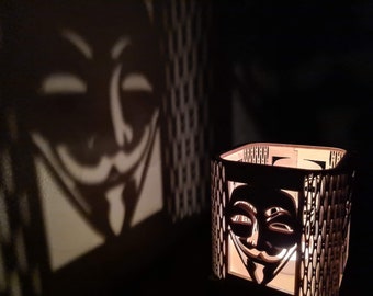 Guy Fawkes / Anonymous Wooden Candle Holder - Handmade Candle Lantern - 5th November Theme