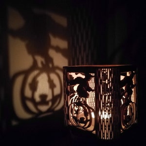 Halloween Candle Lantern - Witch & Pumpkin Themed Candle Holder - Handmade Tea Light Holder
