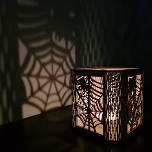 Spider Web Wooden Candle Holder - Handmade Candle Lantern - Halloween Theme
