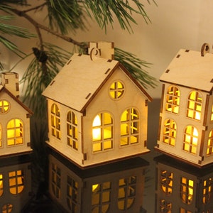 Set of 3 Wooden Christmas Houses with LED lights - Christmas Tree and Home Decorations - Christmas Tea LED Light Holders