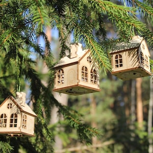 Set of 3 Wooden Christmas Houses with LED lights - Christmas Tree and Home Decorations - Christmas Tea LED Light Holder
