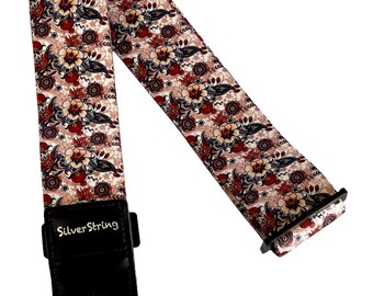Flower Power Guitar Strap, Adjustable Polyester Strap with Leather Ends