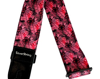 Silverstring Custom 2” Tropical Pink Flowers Guitar Strap. The perfect strap for any guitar. Easy adjustment, fits all sizes.