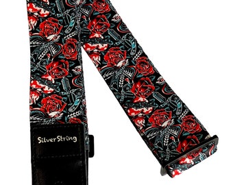 Silverstring Custom 2” Sparrows N’ Roses Guitar Strap. The perfect strap for any guitar. Easy adjustment, fits all sizes.