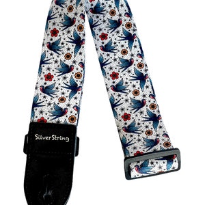 Silverstring Custom 2” Flying Sparrow Guitar Strap. The perfect strap for any guitar. Easy adjustment, fits all sizes.