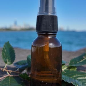 May include: A brown glass spray bottle with a black ribbed cap and a clear plastic top. The bottle contains a dark liquid. The background shows water and a blue sky. Green leaves are in the foreground.