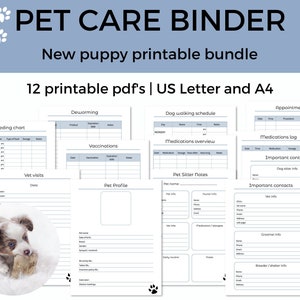 May include: A printable pet care binder with 12 pages for tracking your puppy's health and care. The pages include sections for feeding charts, vet visits, deworming, vaccinations, medications, appointments, dog walking schedules, pet sitter notes, and important contacts.