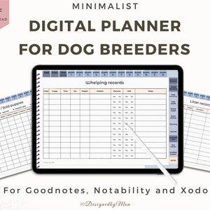 Minimalist Digital planner for dog breeders: breeder records, breeder forms, whelping records, litter records, puppy records, dog breeding