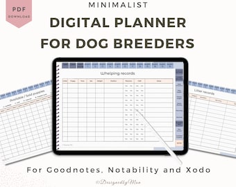 Planificador digital minimalista para criadores de perros: registros de criadores, formularios de criadores, registros de parto, registros de camada, registros de cachorros, cría de perros