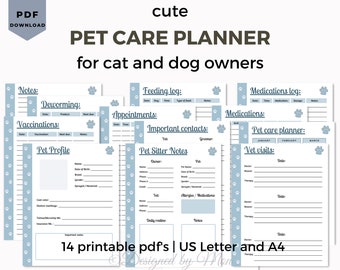 Niedlicher druckbarer Haustierplaner für Katzen- und Hundebesitzer - Hundeorganisator, Hundejournal, Hundepflegeblätter, medizinischer Tracker, Hundeakte, Welpenjournal