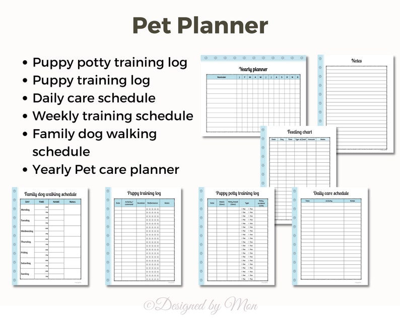 May include: A printable pet planner with a blue and white design. The planner includes sections for puppy potty training, puppy training, daily care, weekly training, family dog walking, and yearly pet care.