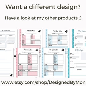 K&ouml;nnte beinhalten: Vier druckbare Notizseiten f&uuml;r Tiersitter mit Pfotenabdruck-Designs. Die Seiten enthalten Abschnitte f&uuml;r Tierinformationen, Besitzerinformationen und Notizen. Die Seiten sind in Rosa, Blau und Wei&szlig;.
