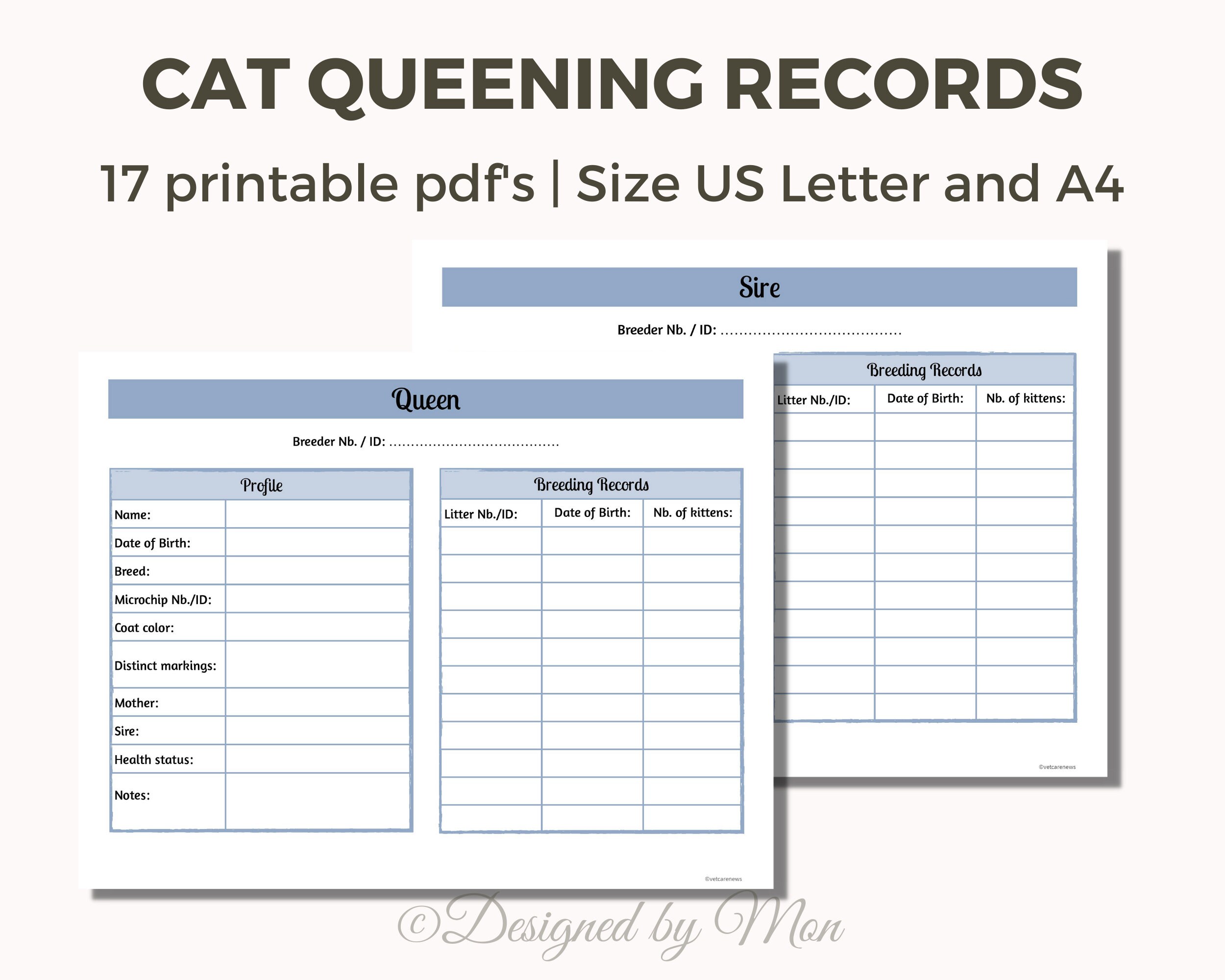 Cat Breeding Charts Bundle for Cat Breeders Cat Breeder Forms, Whelping