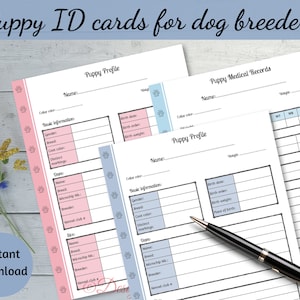 Puppy-ID-kaarten voor hondenfokkers: profielkaarten voor puppy's en medische dossiers voor puppy's - fokkerformulieren, fokkerskaarten, puppypakket voor fokkers