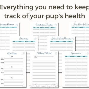 May include: Printable dog health tracker with paw print designs. Includes sections for medication overview, schedule, deworming, flea and tick prevention, vet visits, medical records, vaccinations, and dog care and wellness.