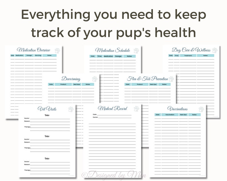 May include: Printable dog health tracker with paw print designs. Includes sections for medication overview, schedule, deworming, flea and tick prevention, vet visits, medical records, vaccinations, and dog care and wellness.