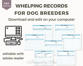 EDITABLE Registros de criadores de perros para la cría de perros: formularios de criadores de perros, registros de parto, registros de cachorros, hojas de arena, tablas de cría de perros