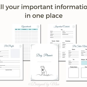 May include: A printable dog planner with sections for pet profile, appointments, important contacts, pet sitter notes, and a cute dog illustration. The planner is designed to help you keep track of all your pet's important information in one place.